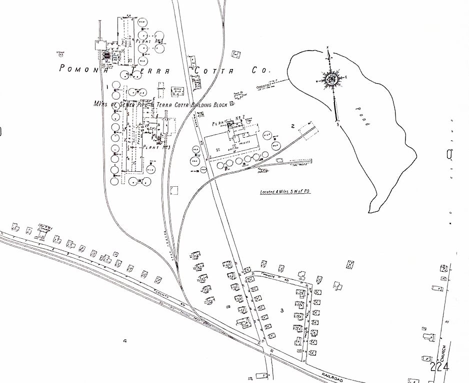 Historical hand drafted map of Pomona Terra Cotta Manufacturing Company